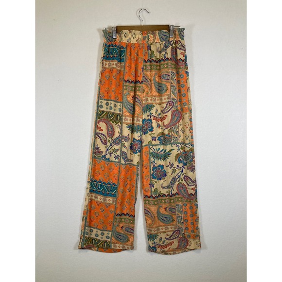 Rose + Olive Pants - Rose + Olive Wide Leg Pants Women Small Orange Paisley Patchwork Boho Smocked